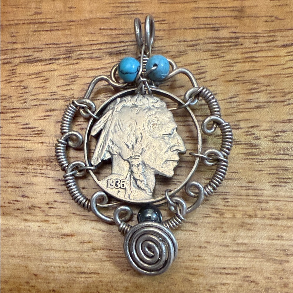 Vintage 1936 Nickel Silver & Turquoise Wire Wrapped Pendant
